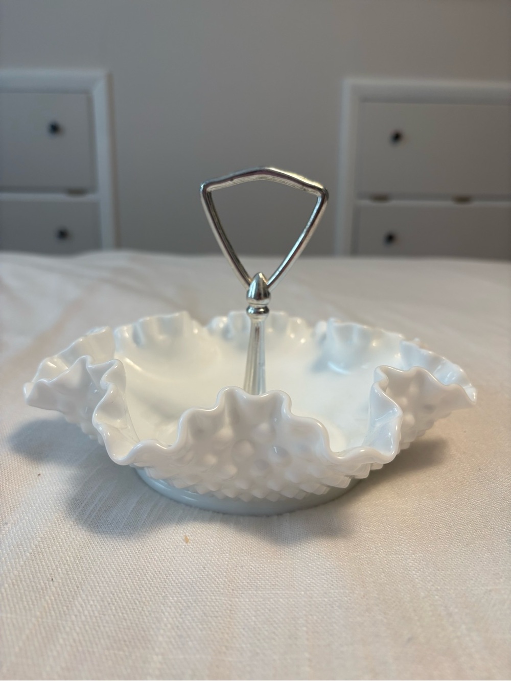 Vintage Fenton White Hobnail Milk Glass Ruffled Edge Candy Dish Silver Handle